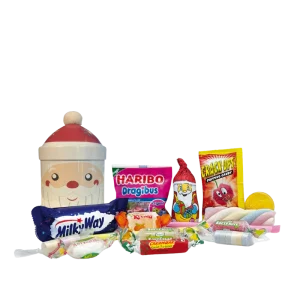 Boite métal décor Noël avec pompon garnie de confiseries