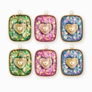 Pendentif médaille coeur pailleté 17x15mm - Lot mélangé